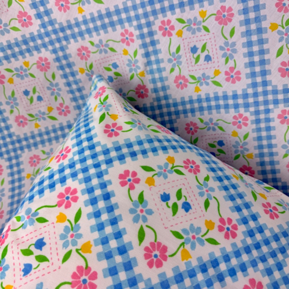 1970s Sears Abigails Garden Blue Checkers 3pc Twin Bed Sheet Set Patchwork Print